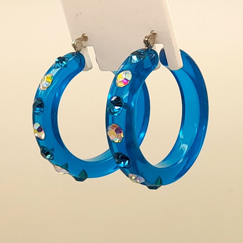 chunky blue zircon Lucite Acrylic wide 1.5 Hoop Latch Back Fashion Earrings